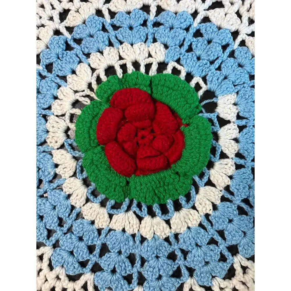 Vintage Crochet- Large Cottagecore Doily table covering White Blue Red rose- 16